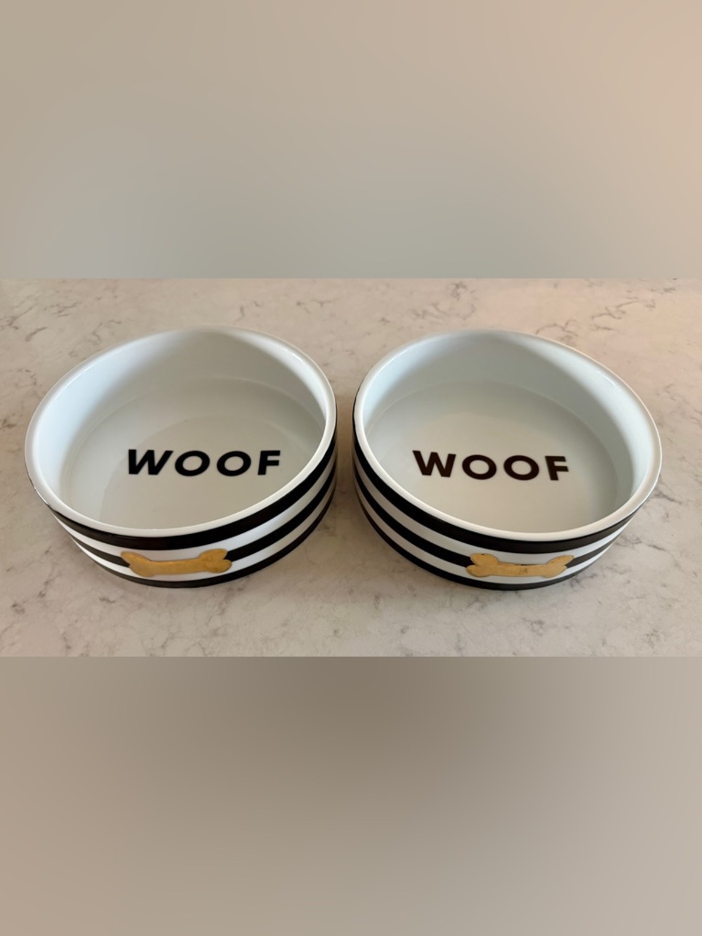 Pottery Barn Striped Ceramic Pet Bowls - Black, White & Gold Accent - like NEW!